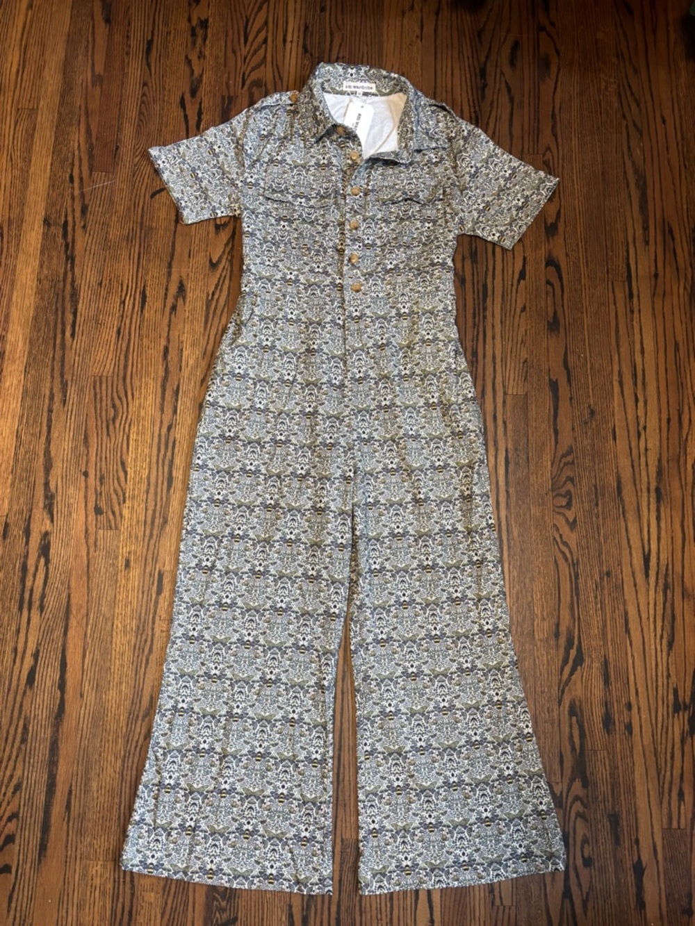 NWT Boutique Short Sleeve Button-Front Jumpsuit-Mushroom, Moth, Bee